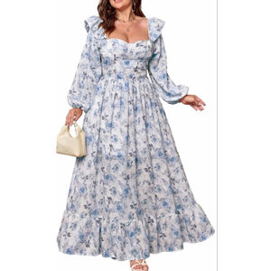 NEW Floral Puff Long Sleeve Maxi Dress Sexy Sweetheart Corset XL